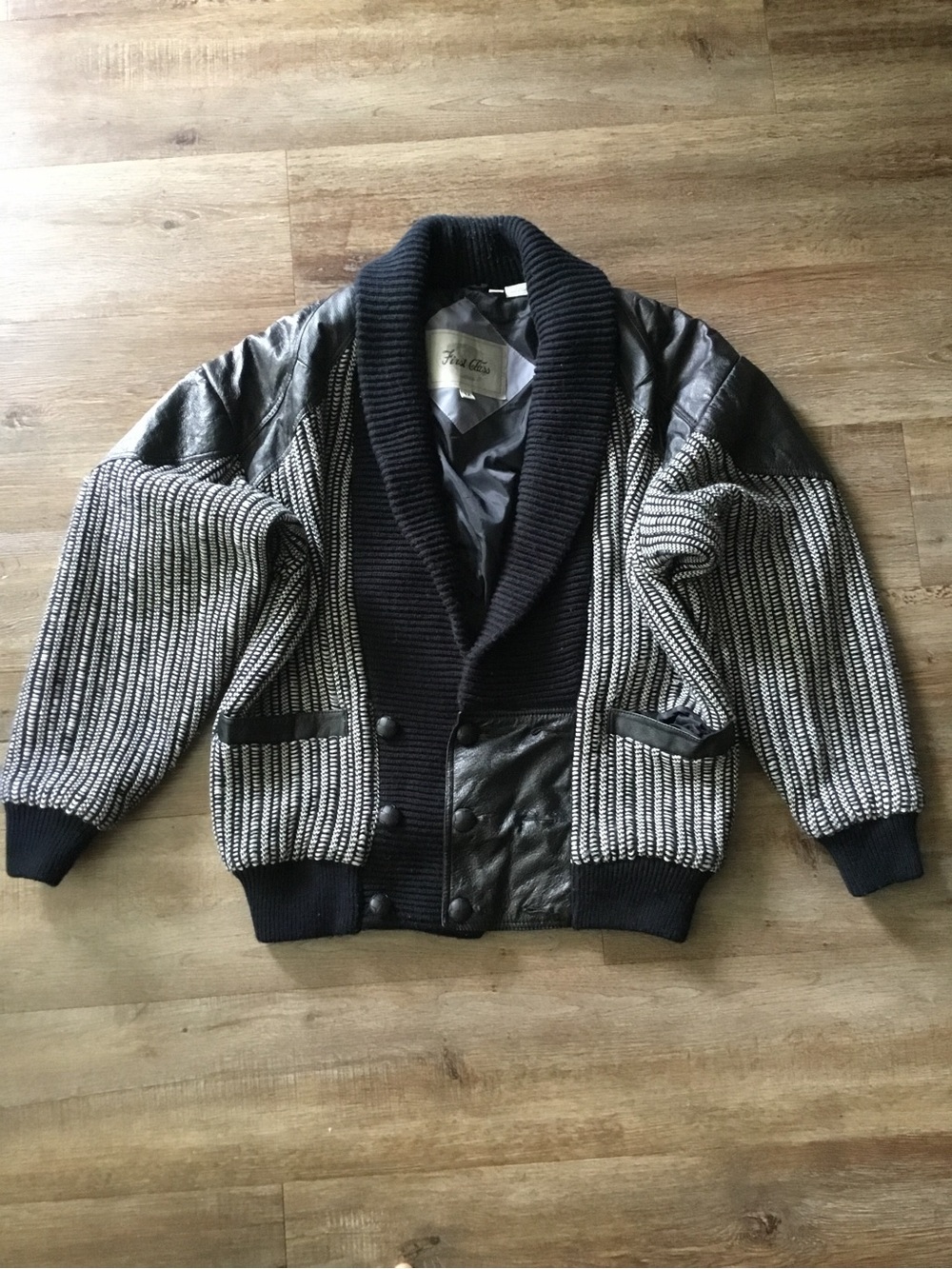 Vintage First Class Knit & Faux Leather Bomber Jacket / Shawl Collar M